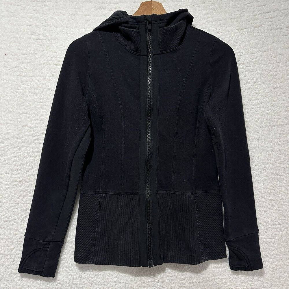 ATHLETA Women's Black Poly Cotton Zip Front Fitted Workout Hoodie Jacket Size XS